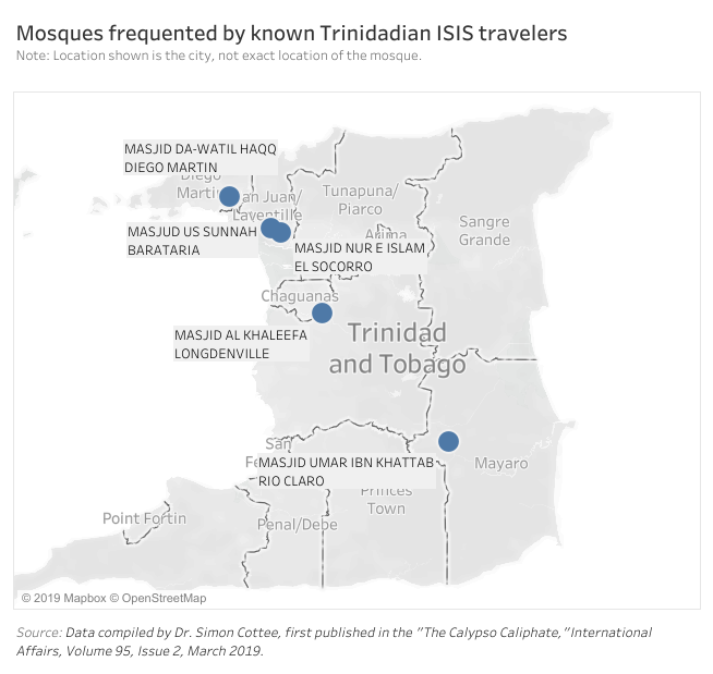 Mapa de mezquitas frecuentadas por conocidos viajeros de EIIL en Trinidad